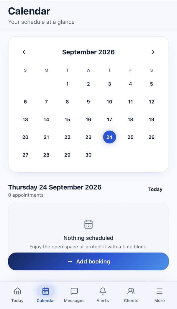 Sulit Pocket Calendar screen: a month view of September 2026 with today selected, the day’s appointments below and an Add booking button.