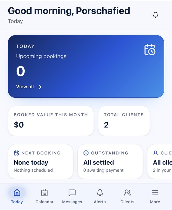 Sulit Pocket Today screen: today’s upcoming bookings, booked value this month, total clients, next booking and outstanding payments, with the Today, Calendar, Messages, Alerts, Clients and More tabs.